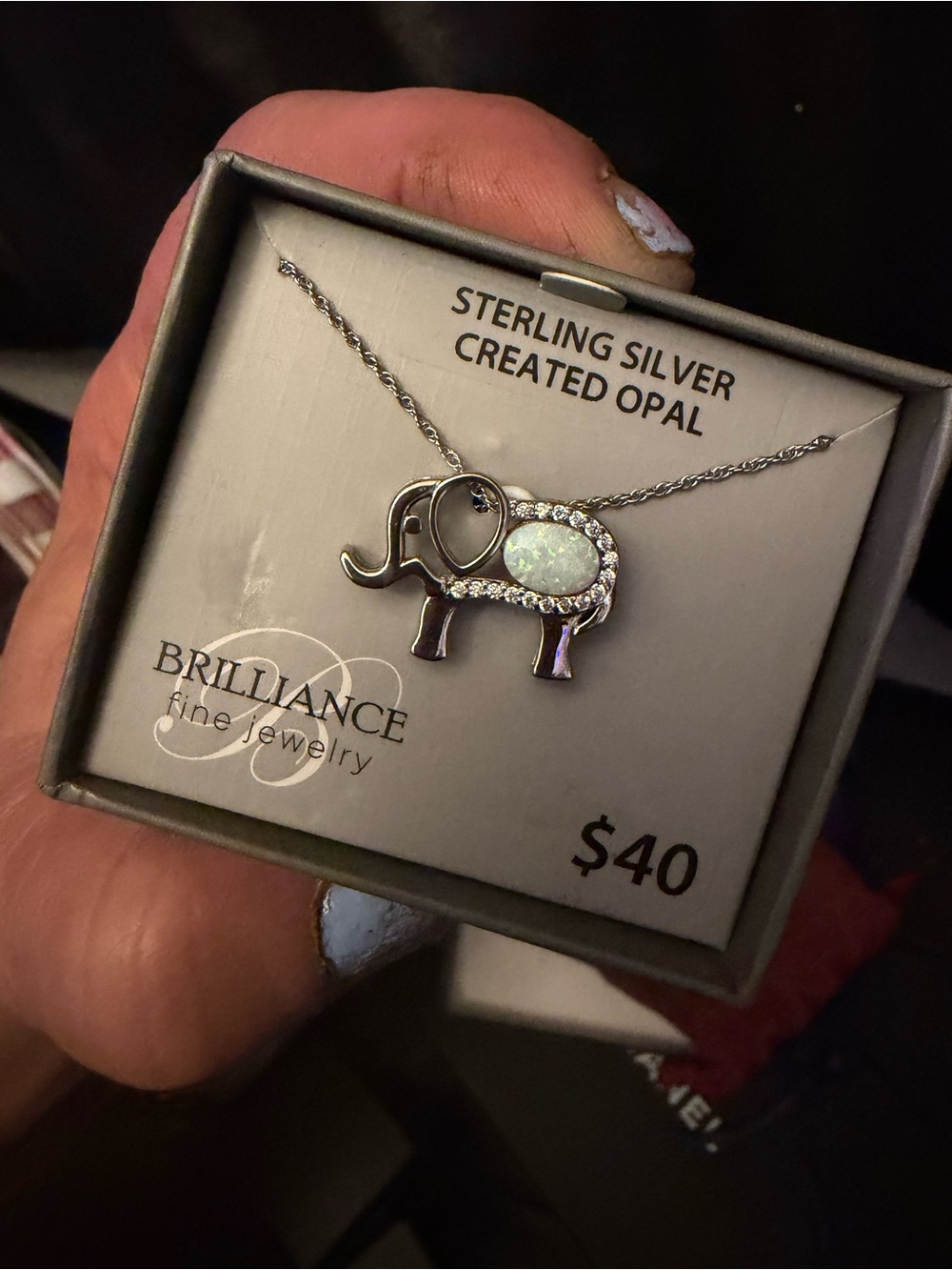 Brilliance Sterling Silver Elephant Necklace with White Created Opal